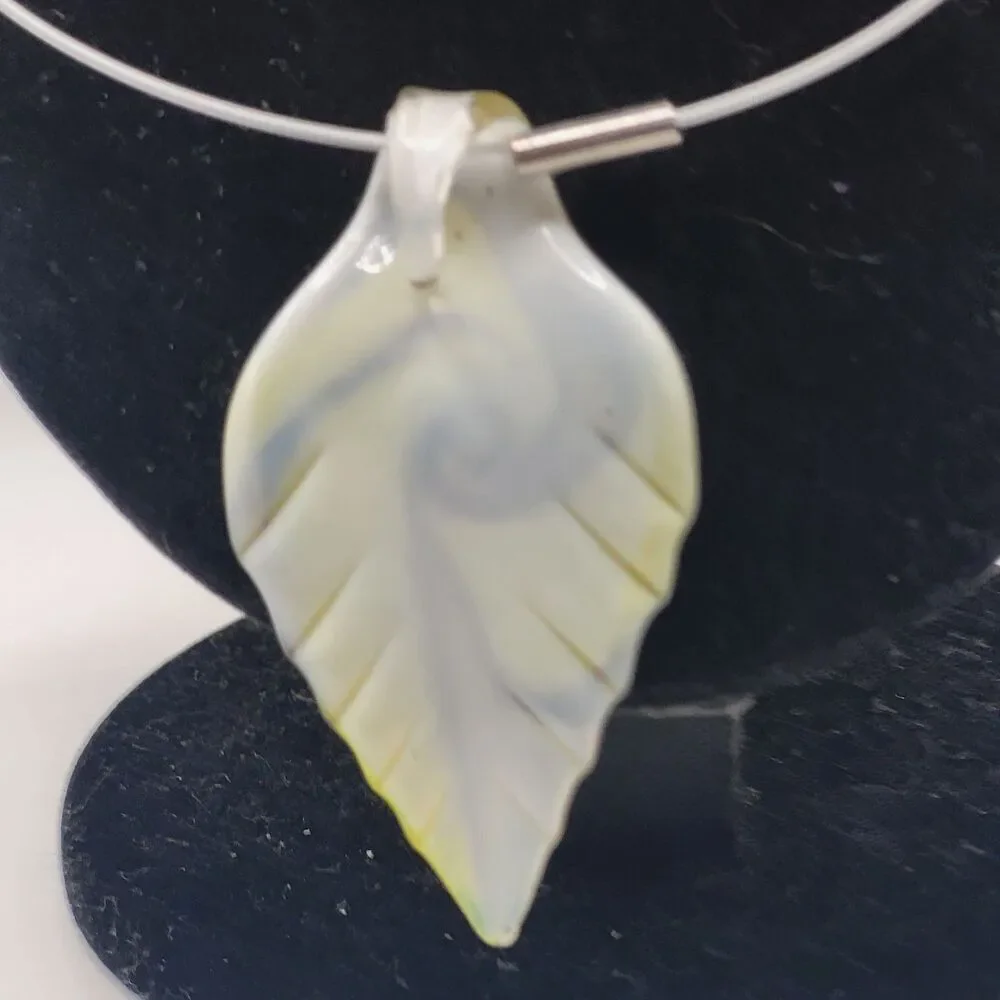 Yellow Blown Glass Leaf Pendant Necklace Abstract Large 16in
